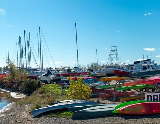 Groupe of boats and canoes at the harvor