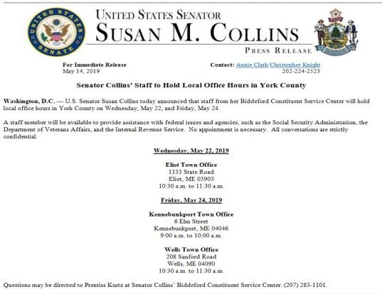 Senator Susan Collins Press Release for News